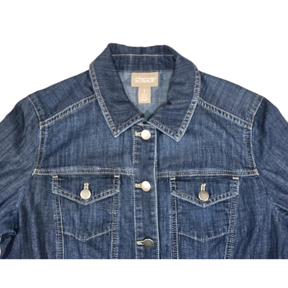 Chicos Women's Size 1, US 8 Medium Blue Jean Stretch Denim Button-Front Jacket